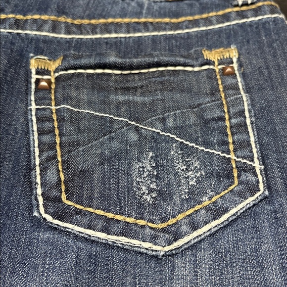 Maurices Long Denim Jean Skirt Sz 9/10 x 38 Stretch Distressed Dark Thick Stitch - Picture 9 of 12